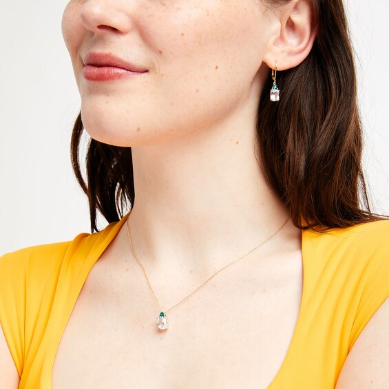 White Lab-Created Sapphire and Lab-Created Emerald Pendant and Drop Earrings Set in Sterling Silver with 18K Gold Plate