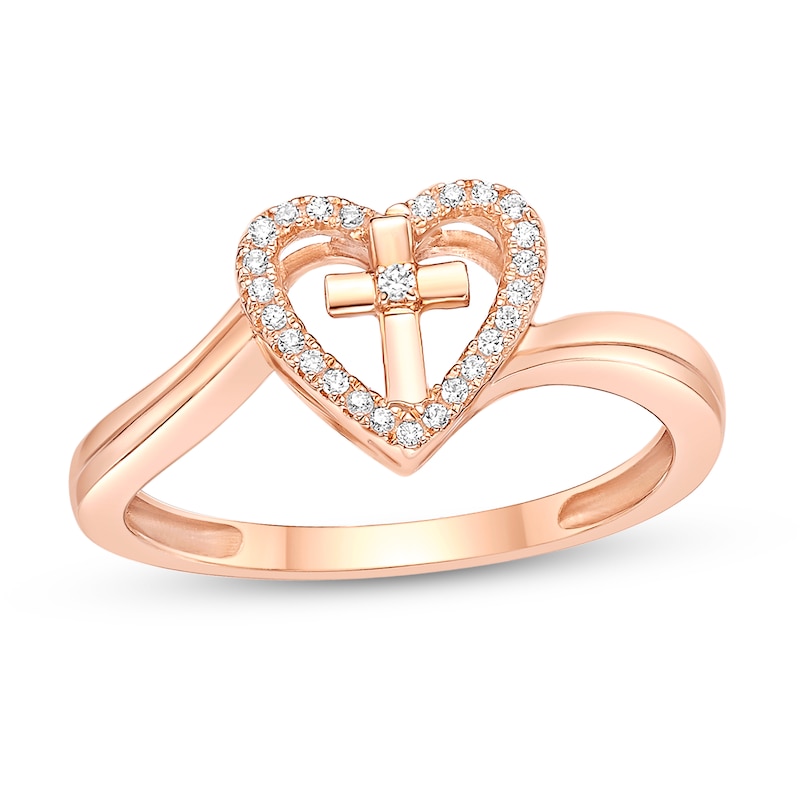 Main Image 1 of 1/15 CT. T.W. Diamond Heart with Cross Bypass Ring in Sterling Silver with 18K Rose Gold Plate