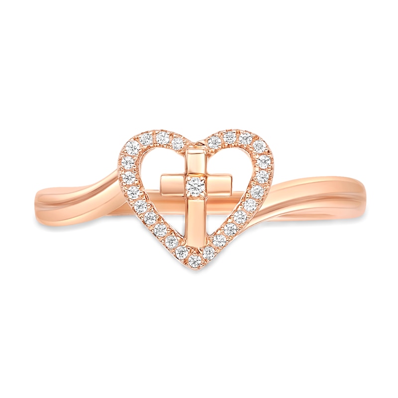 Main Image 4 of 1/15 CT. T.W. Diamond Heart with Cross Bypass Ring in Sterling Silver with 18K Rose Gold Plate