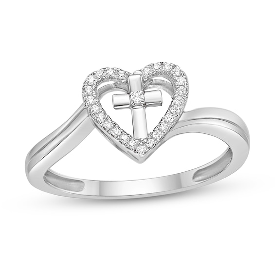 1/15 CT. T.w. Diamond Heart with Cross Bypass Ring in Sterling Silver