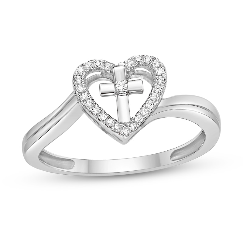 Main Image 1 of 1/15 CT. T.W. Diamond Heart with Cross Bypass Ring in Sterling Silver