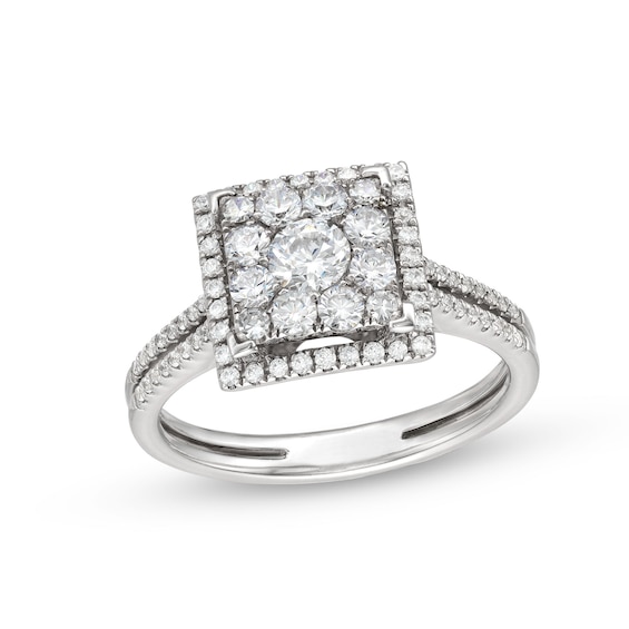 7/8 CT. T.w. Princess Multi-Diamond Square Frame Split Shank Engagement Ring in 14K White Gold