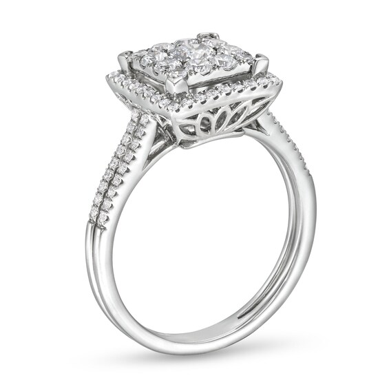 7/8 CT. T.w. Princess Multi-Diamond Square Frame Split Shank Engagement Ring in 14K White Gold