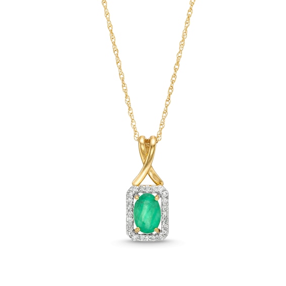 Oval Emerald and 1/15 CT. T.w. Diamond Rectangle Frame Pendant in 10K Gold