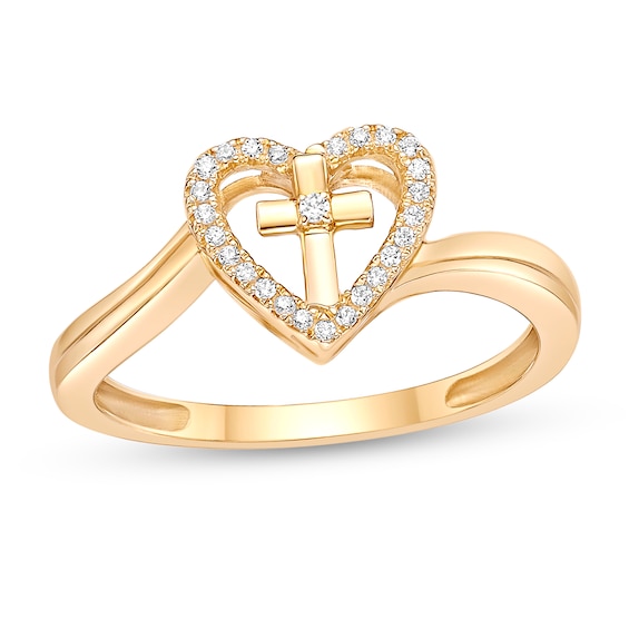1/15 CT. T.w. Diamond Heart with Cross Bypass Ring in Sterling Silver with 18K Gold Plate