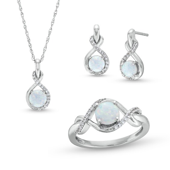 Lab-Created Opal and White Lab-Created Sapphire Infinity Ribbon Pendant, Ring and Drop Earrings Set in Sterling Silver