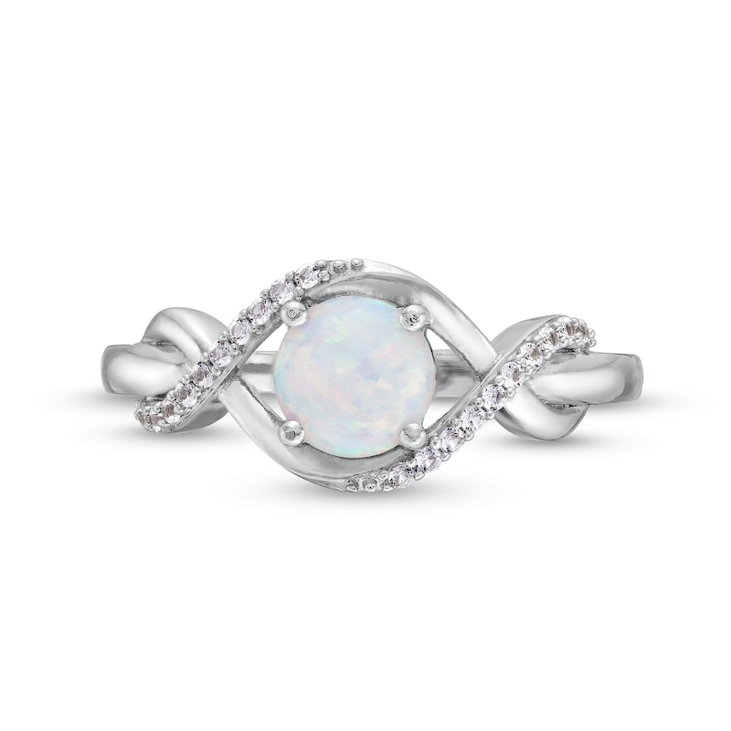 Main Image 4 of Lab-Created Opal and White Lab-Created Sapphire Infinity Ribbon Pendant, Ring and Drop Earrings Set in Sterling Silver