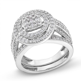 1 CT. T.W. Cushion Multi-Diamond Triple Row Split Shank Bridal Set in 10K White Gold