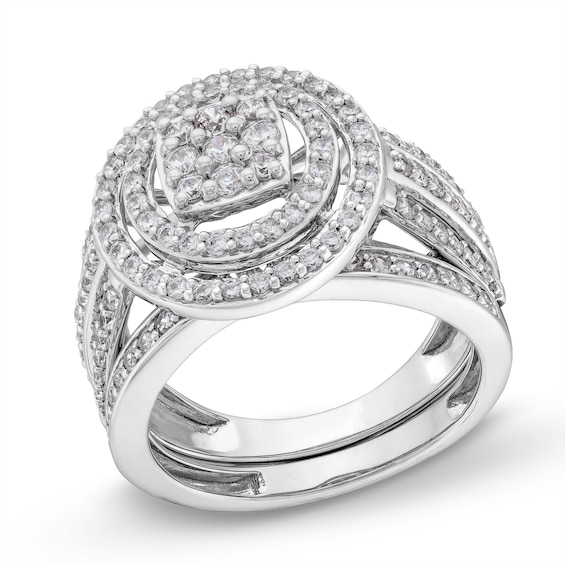 1 CT. T.w. Cushion Multi-Diamond Triple Row Split Shank Bridal Set in 10K White Gold