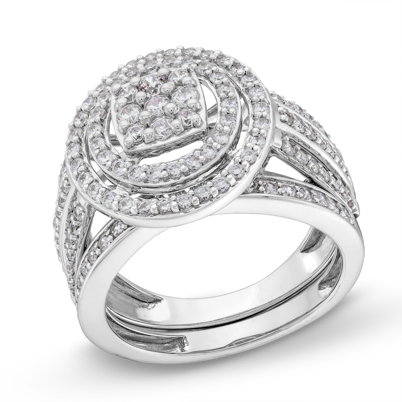 Main Image 1 of 1 CT. T.W. Cushion Multi-Diamond Triple Row Split Shank Bridal Set in 10K White Gold