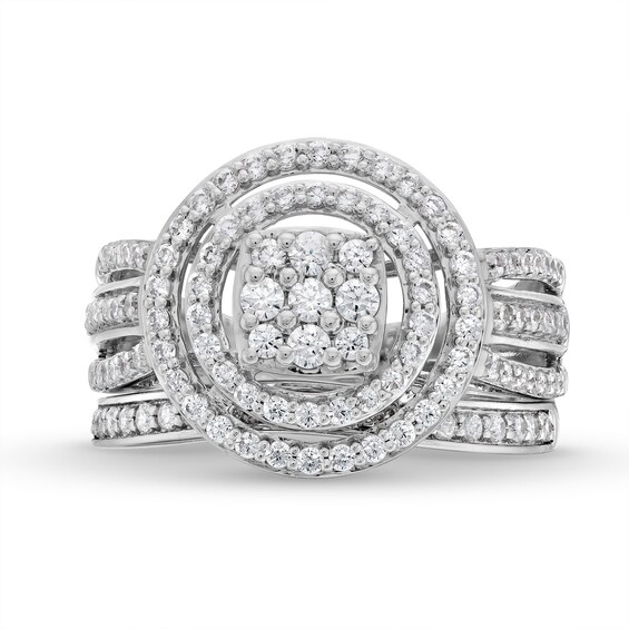 1 CT. T.w. Cushion Multi-Diamond Triple Row Split Shank Bridal Set in 10K White Gold