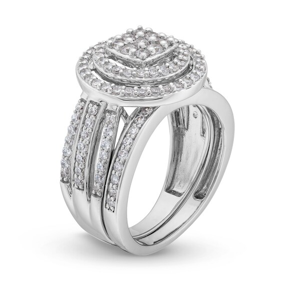 1 CT. T.w. Cushion Multi-Diamond Triple Row Split Shank Bridal Set in 10K White Gold