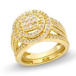 1 CT. T.W. Cushion Multi-Diamond Triple Row Split Shank Bridal Set in 10K Gold