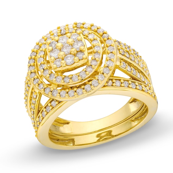 1 CT. T.w. Cushion Multi-Diamond Triple Row Split Shank Bridal Set in 10K Gold