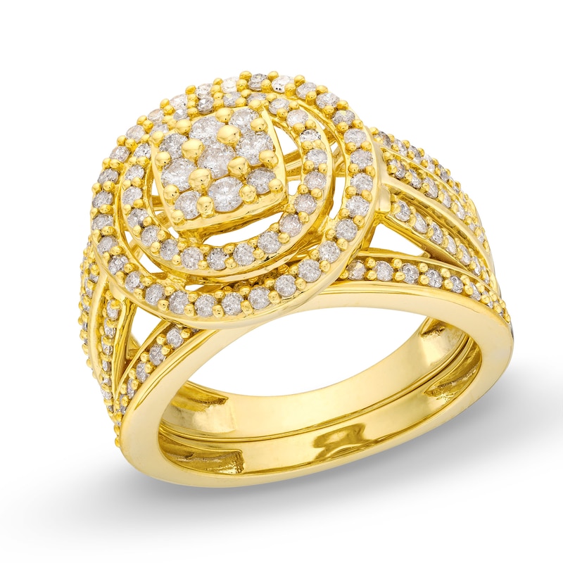 Main Image 1 of 1 CT. T.W. Cushion Multi-Diamond Triple Row Split Shank Bridal Set in 10K Gold