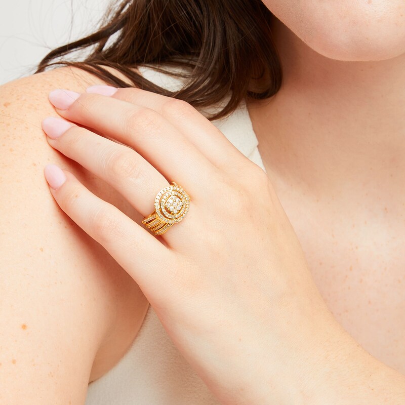 Main Image 2 of 1 CT. T.W. Cushion Multi-Diamond Triple Row Split Shank Bridal Set in 10K Gold