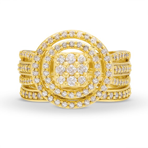 1 CT. T.w. Cushion Multi-Diamond Triple Row Split Shank Bridal Set in 10K Gold
