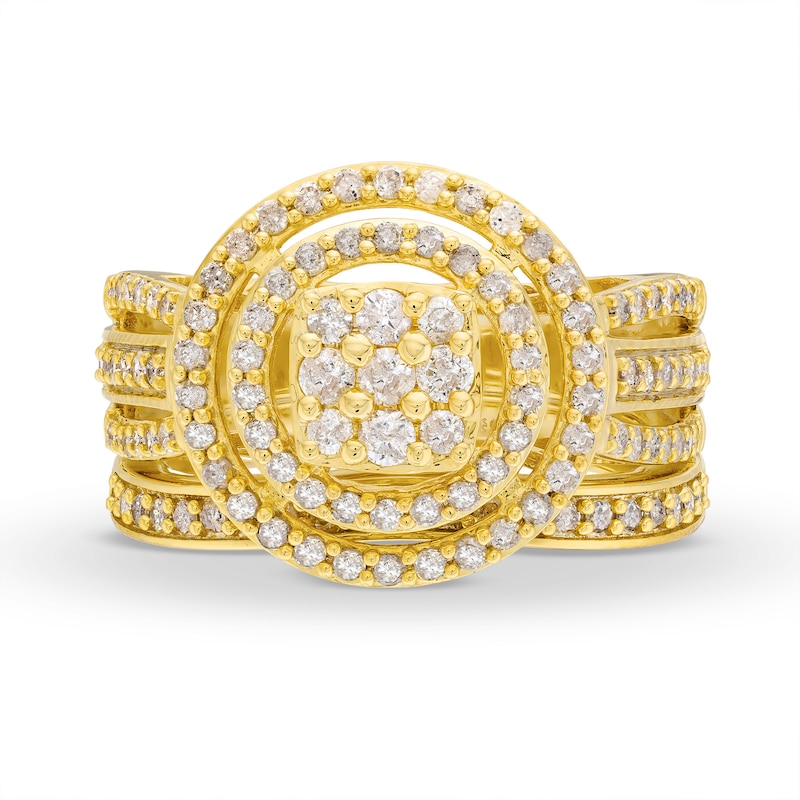 Main Image 3 of 1 CT. T.W. Cushion Multi-Diamond Triple Row Split Shank Bridal Set in 10K Gold