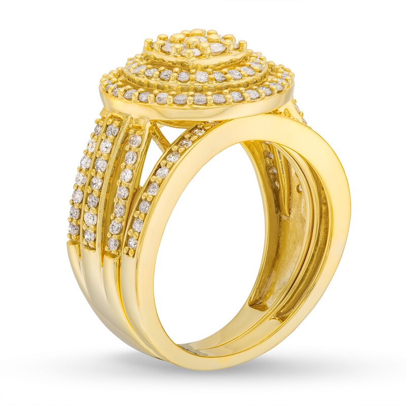 Main Image 4 of 1 CT. T.W. Cushion Multi-Diamond Triple Row Split Shank Bridal Set in 10K Gold
