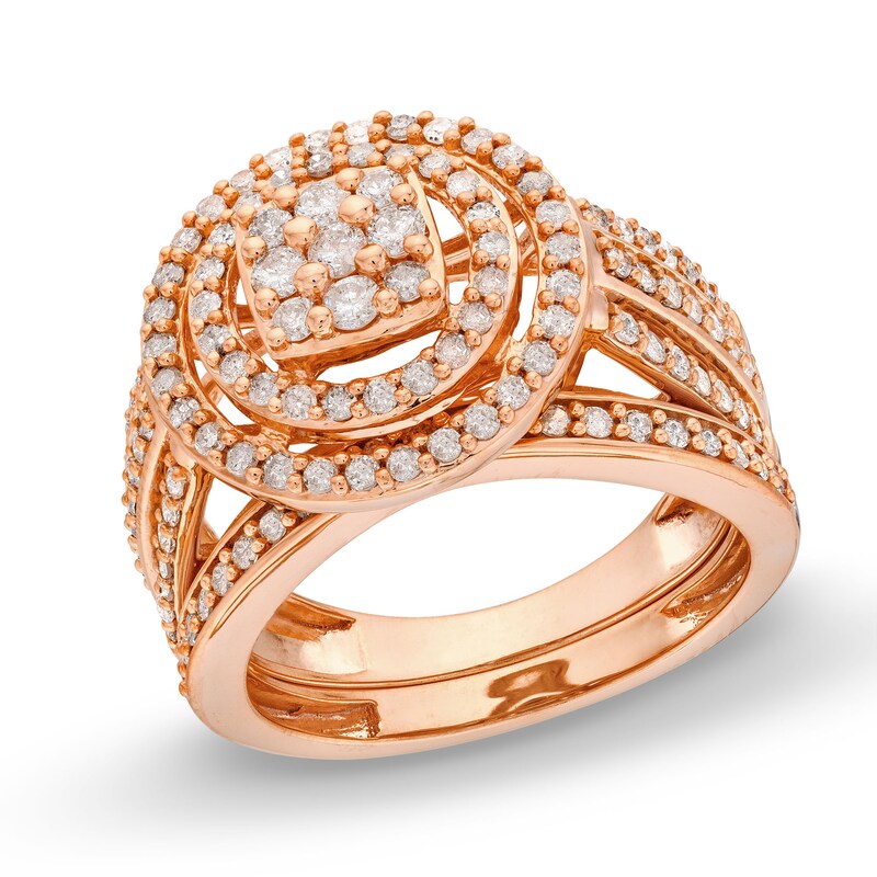 Main Image 1 of 1 CT. T.W. Cushion Multi-Diamond Triple Row Split Shank Bridal Set in 10K Rose Gold