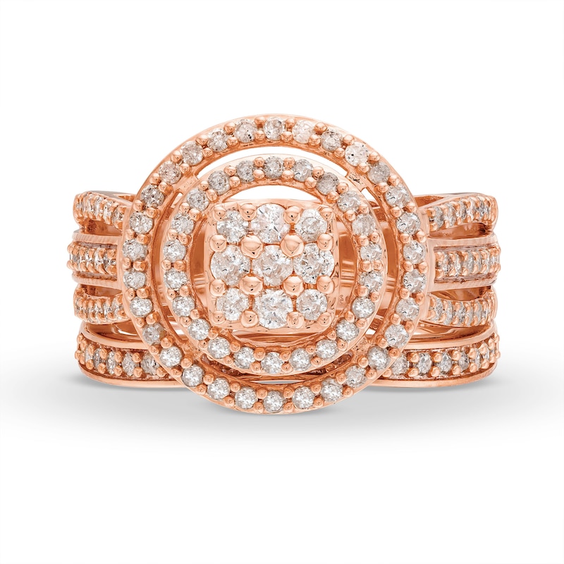 Main Image 3 of 1 CT. T.W. Cushion Multi-Diamond Triple Row Split Shank Bridal Set in 10K Rose Gold