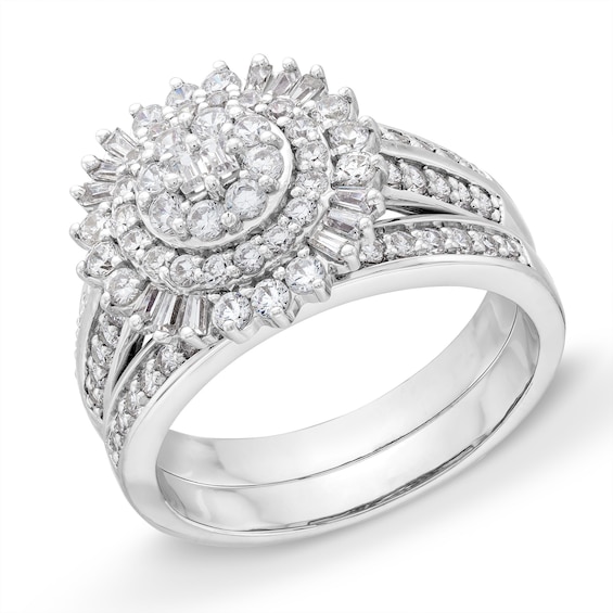 1 CT. T.w. Multi-Diamond Sunburst Frame Double Row Bridal Set in 10K White Gold