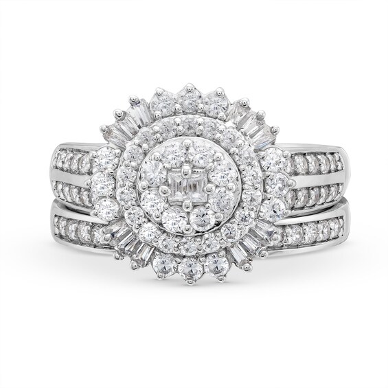 1 CT. T.w. Multi-Diamond Sunburst Frame Double Row Bridal Set in 10K White Gold
