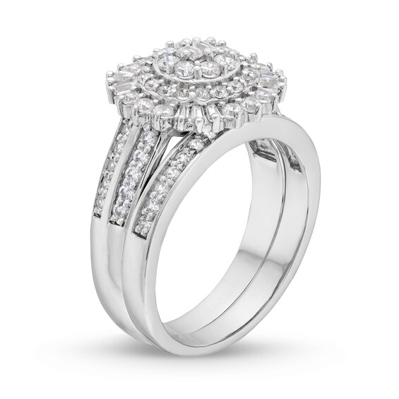 1 CT. T.w. Multi-Diamond Sunburst Frame Double Row Bridal Set in 10K White Gold
