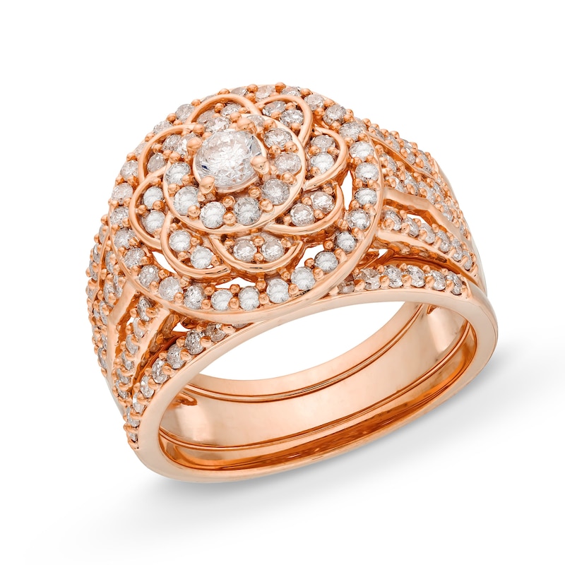 Main Image 1 of 1-1/2 CT. T.W. Diamond Frame Celtic-Style Flower Bridal Set in 10K Rose Gold
