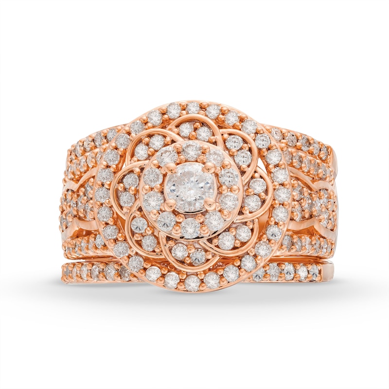 Main Image 3 of 1-1/2 CT. T.W. Diamond Frame Celtic-Style Flower Bridal Set in 10K Rose Gold