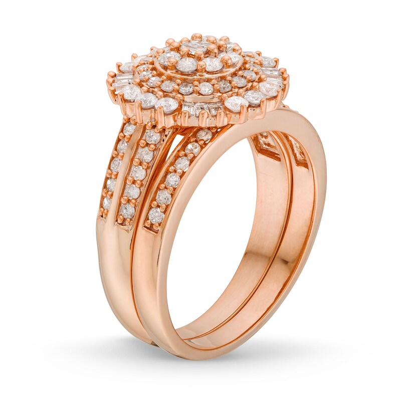 1 CT. T.W. Multi-Diamond Sunburst Frame Double Row Bridal Set in 10K Rose Gold