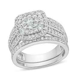 1-1/4 CT. T.W. Cushion Multi-Diamond Triple Row Bridal Set in 10K White Gold