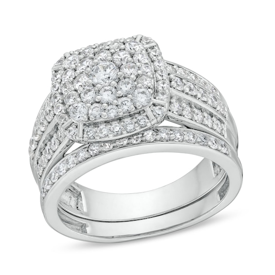 1-1/4 CT. T.w. Cushion Multi-Diamond Triple Row Bridal Set in 10K White Gold