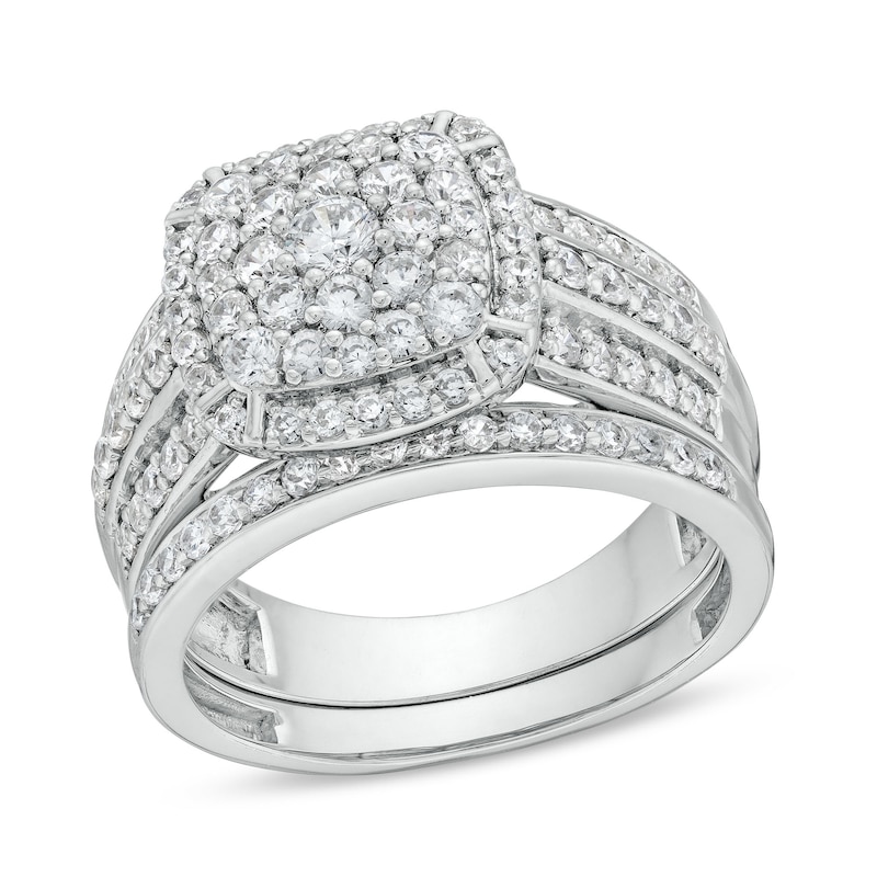 Main Image 1 of 1-1/4 CT. T.W. Cushion Multi-Diamond Triple Row Bridal Set in 10K White Gold