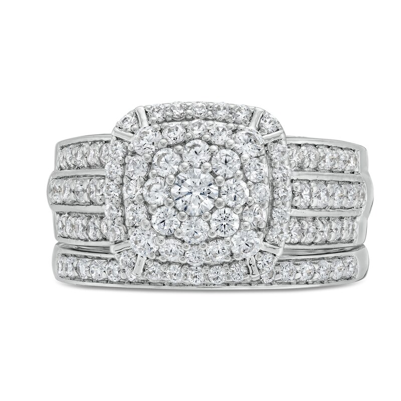 Main Image 3 of 1-1/4 CT. T.W. Cushion Multi-Diamond Triple Row Bridal Set in 10K White Gold
