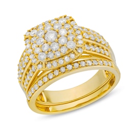 1-1/4 CT. T.W. Cushion Multi-Diamond Triple Row Bridal Set in 10K Gold
