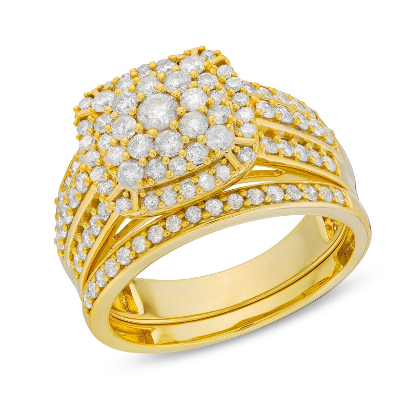 Main Image 1 of 1-1/4 CT. T.W. Cushion Multi-Diamond Triple Row Bridal Set in 10K Gold
