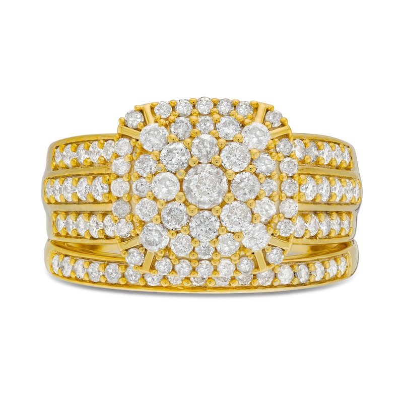 Main Image 3 of 1-1/4 CT. T.W. Cushion Multi-Diamond Triple Row Bridal Set in 10K Gold