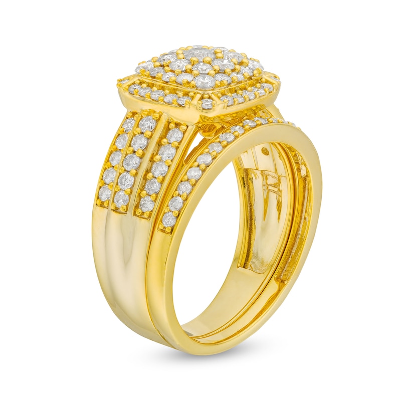 Main Image 4 of 1-1/4 CT. T.W. Cushion Multi-Diamond Triple Row Bridal Set in 10K Gold