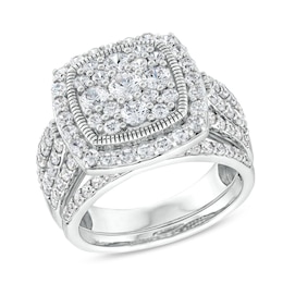 2 CT. T.W. Cushion Multi-Diamond Frame Split Shank Vintage-Style Bridal Set in 10K White Gold