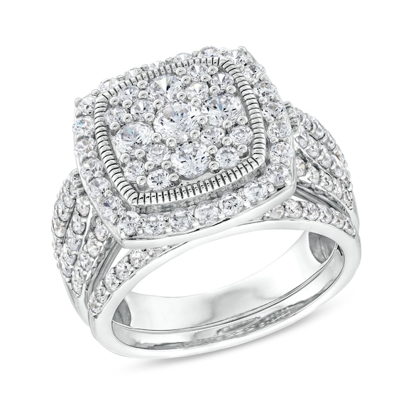 2 CT. T.w. Cushion Multi-Diamond Frame Split Shank Vintage-Style Bridal Set in 10K White Gold