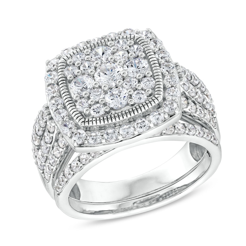 Main Image 1 of 2 CT. T.W. Cushion Multi-Diamond Frame Split Shank Vintage-Style Bridal Set in 10K White Gold