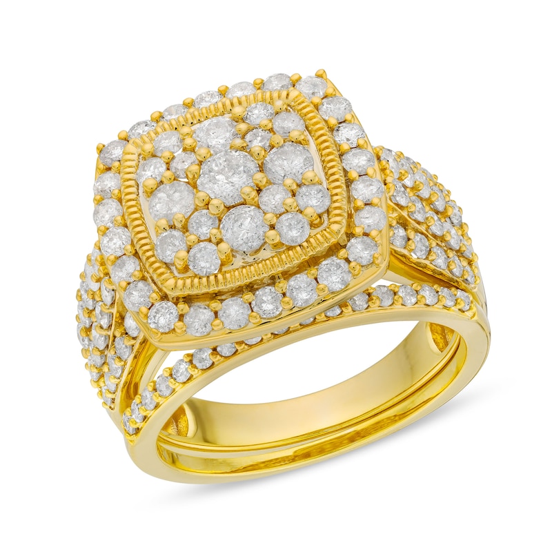 Main Image 1 of 2 CT. T.W. Cushion Multi-Diamond Frame Split Shank Vintage-Style Bridal Set in 10K Gold