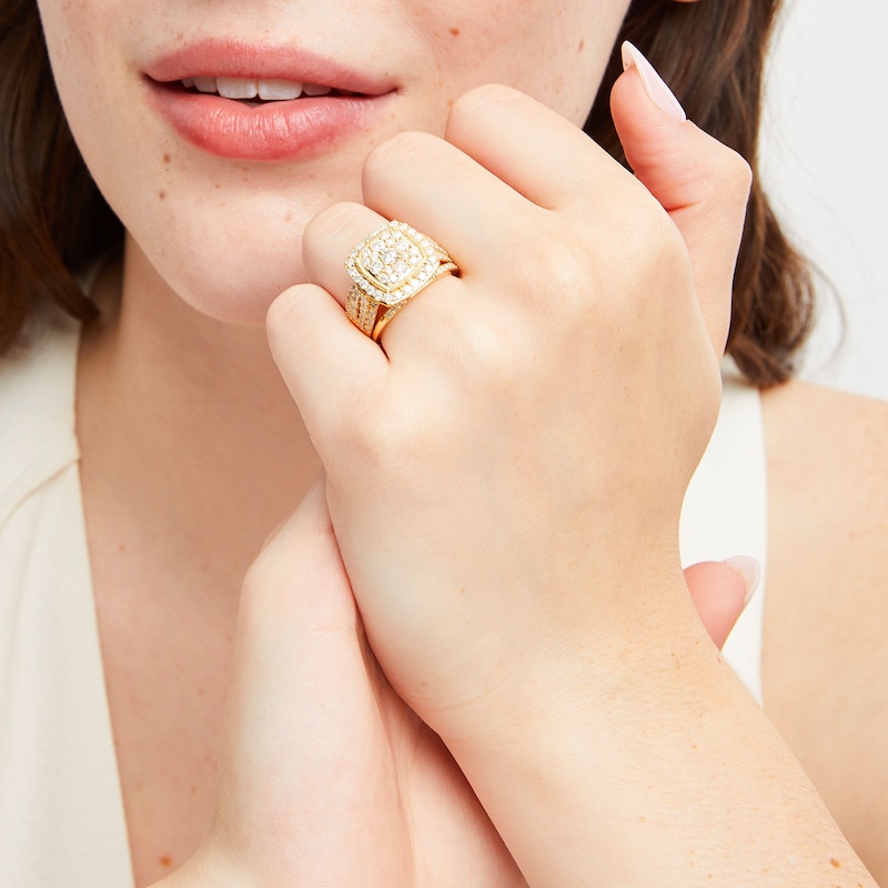 Main Image 2 of 2 CT. T.W. Cushion Multi-Diamond Frame Split Shank Vintage-Style Bridal Set in 10K Gold