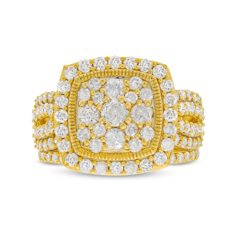 Main Image 3 of 2 CT. T.W. Cushion Multi-Diamond Frame Split Shank Vintage-Style Bridal Set in 10K Gold