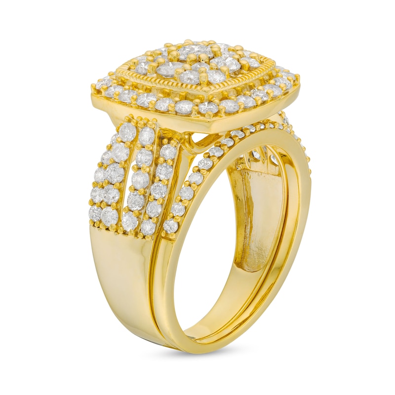 Main Image 4 of 2 CT. T.W. Cushion Multi-Diamond Frame Split Shank Vintage-Style Bridal Set in 10K Gold
