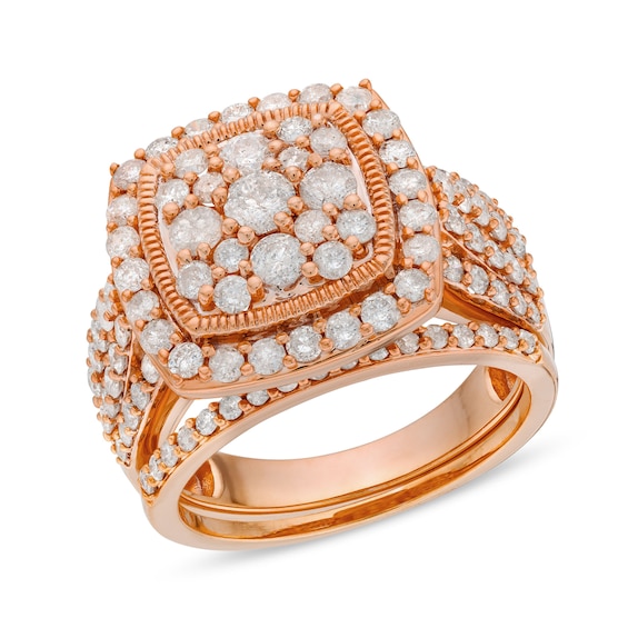 2 CT. T.w. Cushion Multi-Diamond Frame Split Shank Vintage-Style Bridal Set in 10K Rose Gold