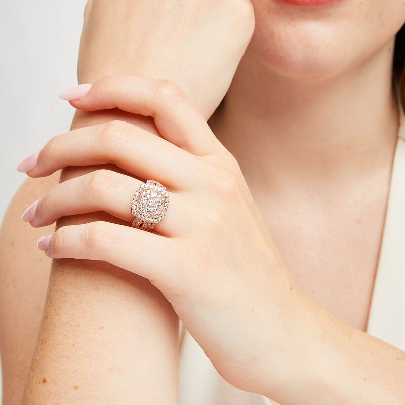 Main Image 2 of 2 CT. T.W. Cushion Multi-Diamond Frame Split Shank Vintage-Style Bridal Set in 10K Rose Gold