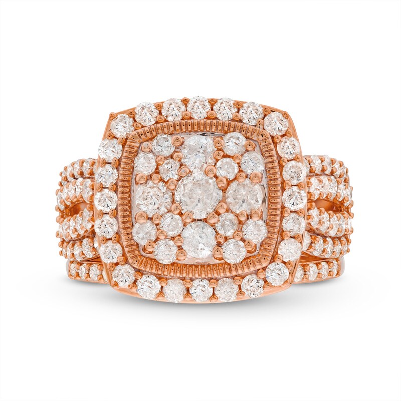 Main Image 3 of 2 CT. T.W. Cushion Multi-Diamond Frame Split Shank Vintage-Style Bridal Set in 10K Rose Gold