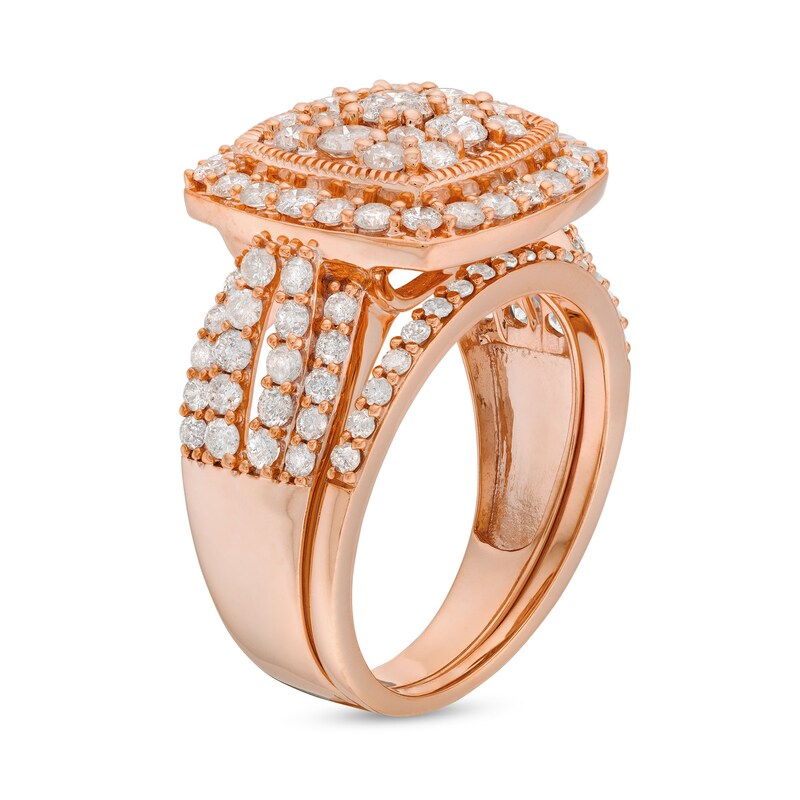 Main Image 4 of 2 CT. T.W. Cushion Multi-Diamond Frame Split Shank Vintage-Style Bridal Set in 10K Rose Gold